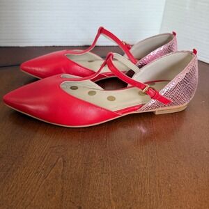 Boden‎ Red Pink Metallic Pointed Toe Ballet Flats T Strap Women Size 36